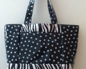 Beth's large polka dots and zebra oilcloth tote bag with exterior pockets