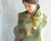Felted green scarf shawl, woodland rustic green