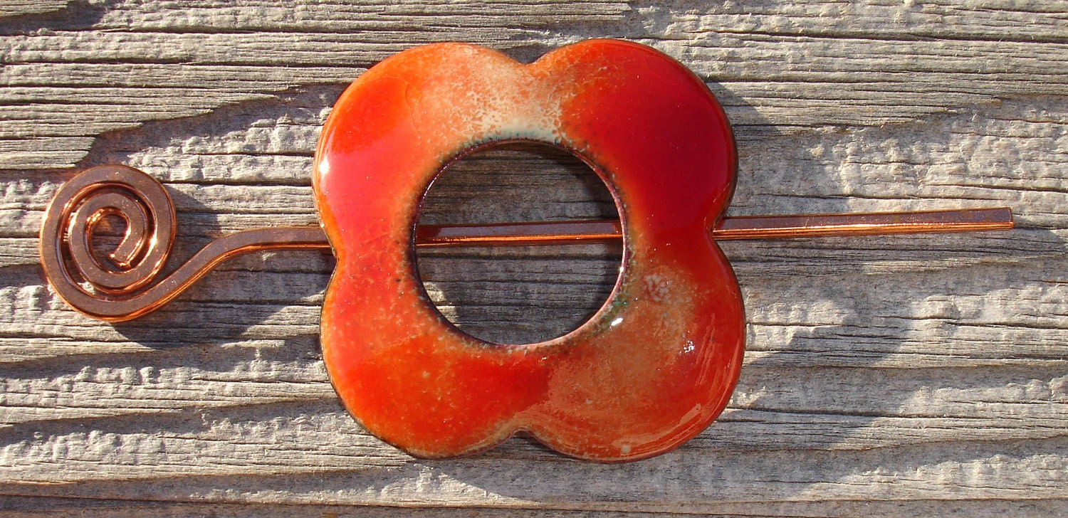 Handmade Enameled Copper Flower Shawl Pin, Hair Pin or Pendant in Red Orange With Tan, SRA (E140) - StudioSharon