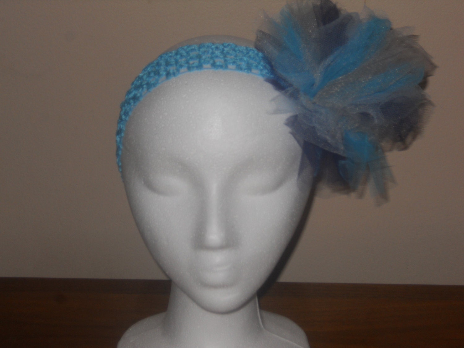 Crochet Headband with Tulle Pom Pom - True Blue