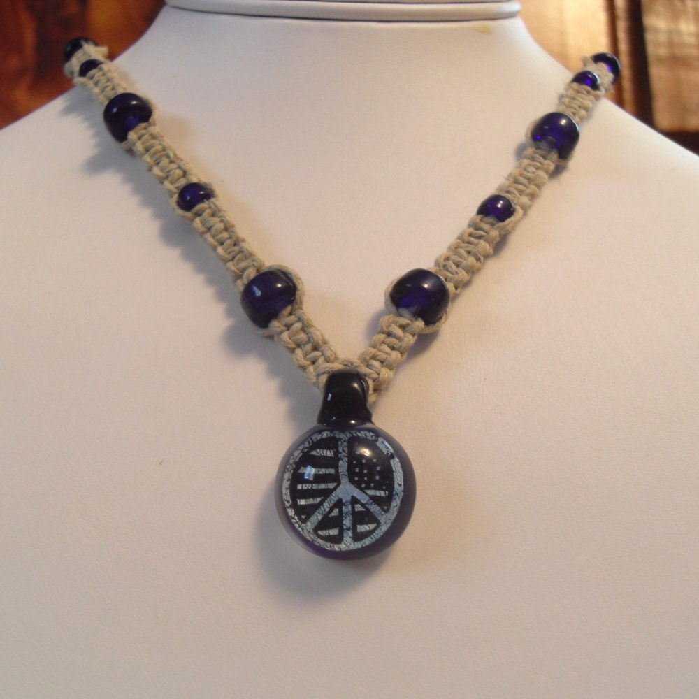 Peace Sign Flag Dichroic Glass Hemp Necklace