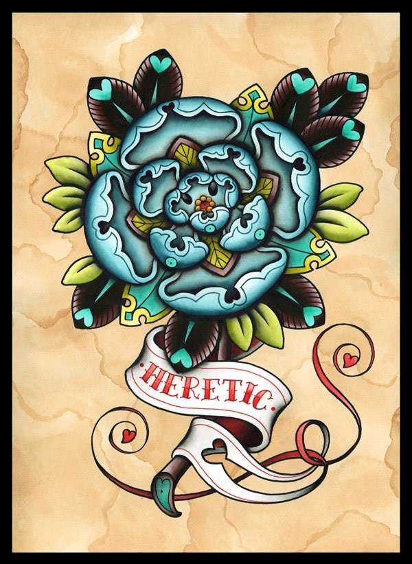 Blue Rose Heretic - Tattoo Flash -  Print