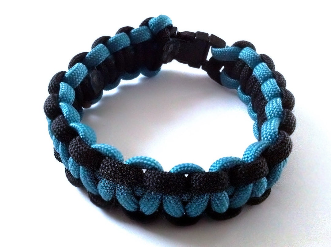 Paracord Bracelet, Teal & Black Handwoven Jewelry with Small Black Buckle