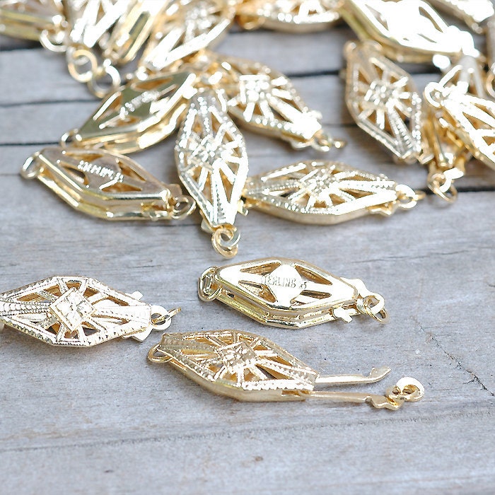 5 pack - Gold Vermeil - Gold Plated Sterling Silver - Safety Clasp - Pearl Clasp - 15x6 Filigree diamond design - vermeil jewelry clasps