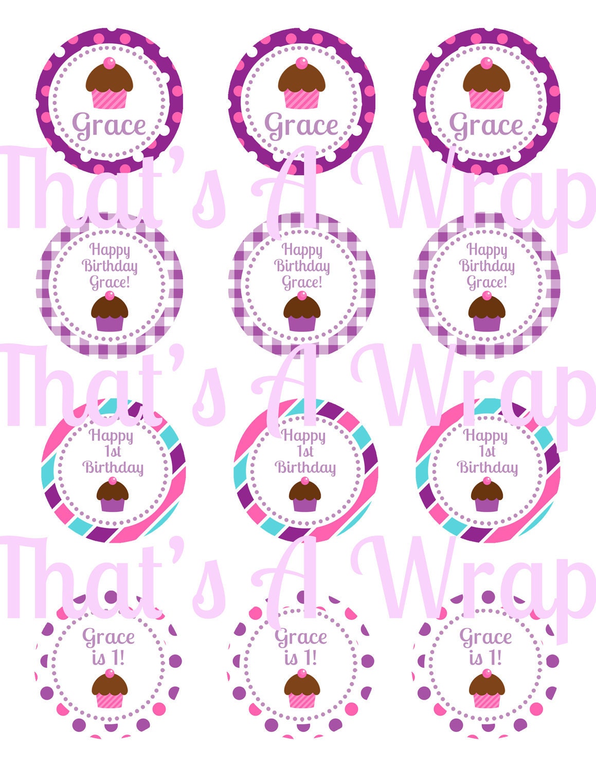 Cupcake Custom Birthday Party Baby Shower Party Printable Circles in Pink and Purple
