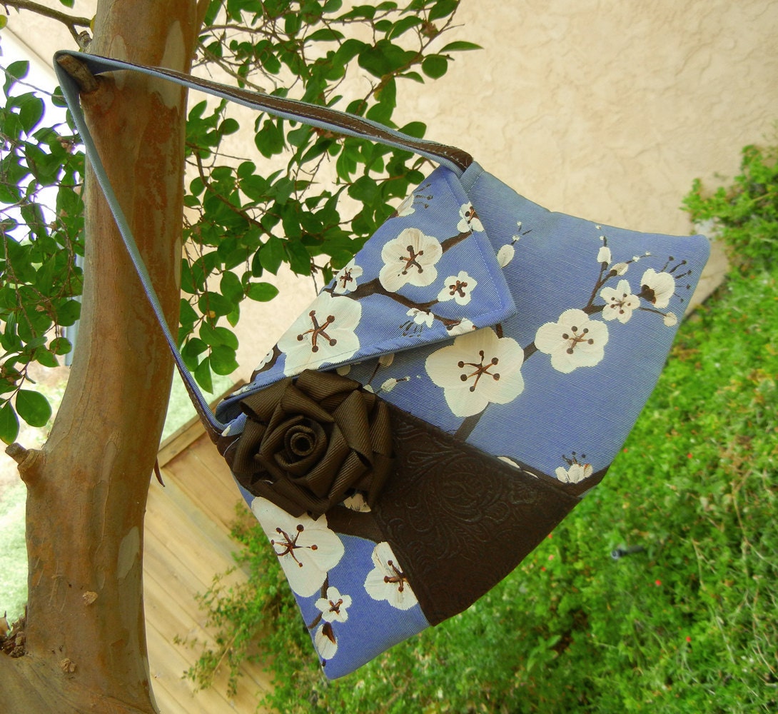 Vintage Style Clutch Purse with Hand Painted Cherry Blossoms in Blue with Faux Leather Accent and Rose