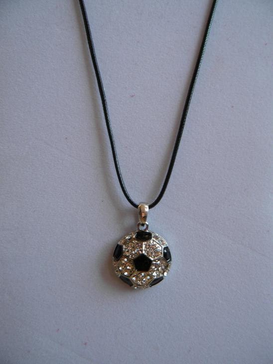 Silver and Black Rhinestone Soccer Ball on Leather Rope Necklace
