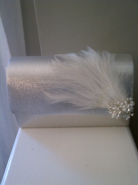 Bridal Silver Clutch Feather Pearl Rhinestone Handbag Purse So Chic