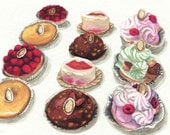 Laduree Desserts in Rows ORIGINAL Watercolor Painting 5.5 x 8.5 - tart, st. honore, praline