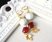 Occasion Bridesmaids Red Rhinestone Opaque White Pearls and Leaf Golden Earrings Bridal Wedding Jewelry