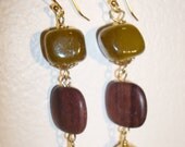 3 beaded drop earrings with gold, olive green and wood beads