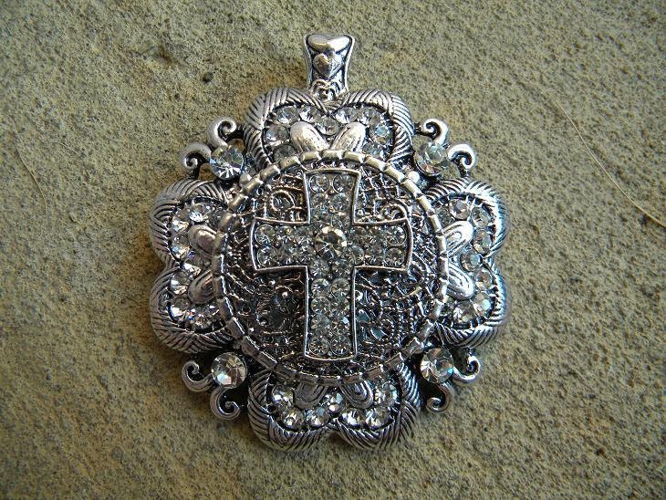 Large Silver Cross Rhinestone Medallion Pendant