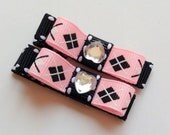 I HEART ARGYLE - Set of 2 Boutique Pink and Black Hair Bow Clips