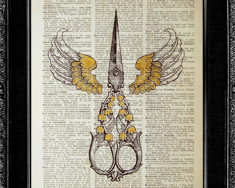Angel Print - Scissor Angel - ORIGINAL ARTWORK hand painted art print on Dictionary page, Dictionary art, Dictionary print