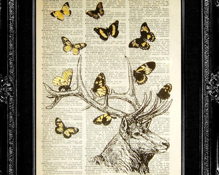 Deer Print - Spring is Here - ORIGINAL ARTWORK hand painted Mixed Media art print on Dictionary page, Dictionary art, Dictionary print