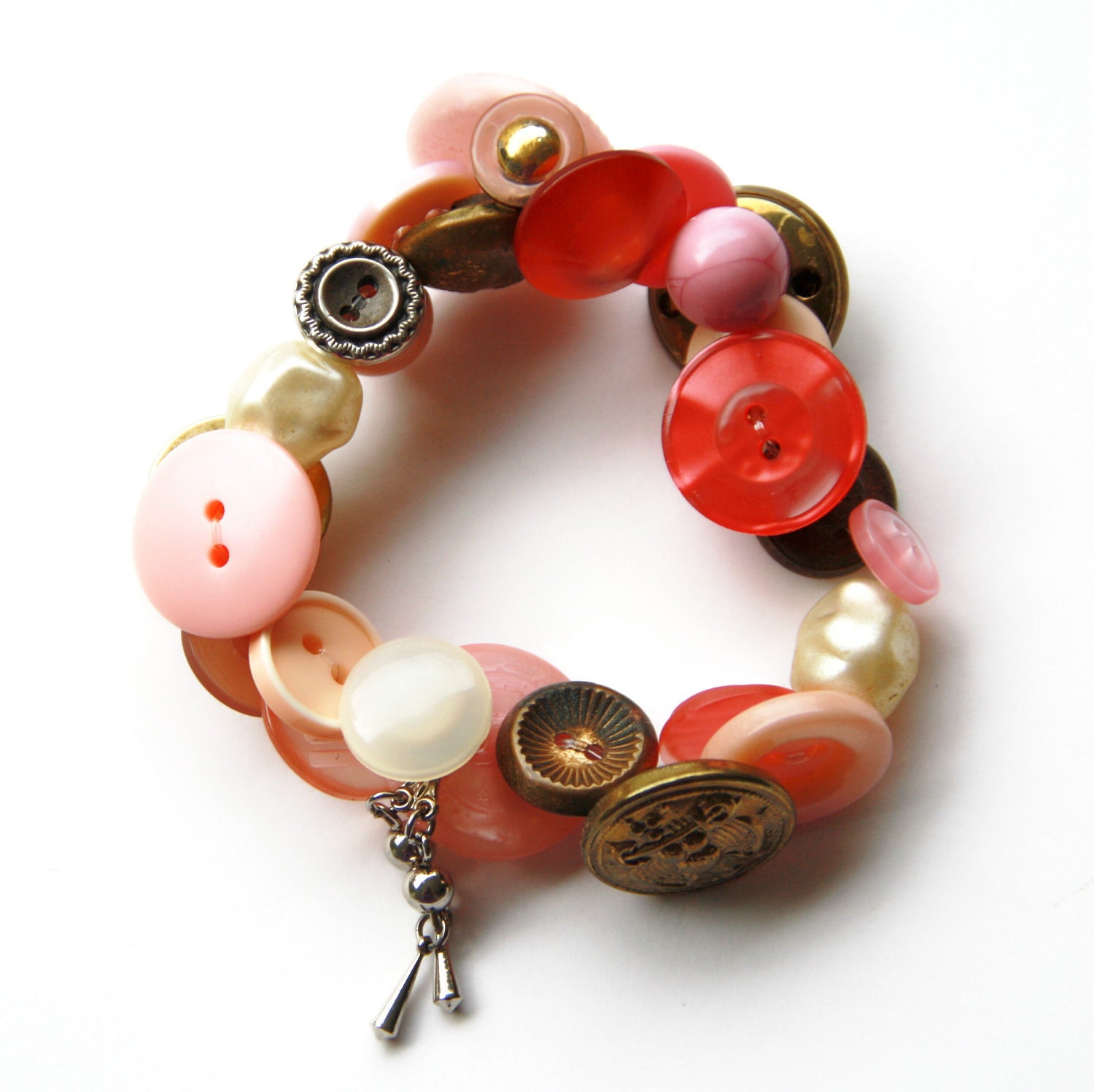Brass button bracelet, pink, red, pearl color
