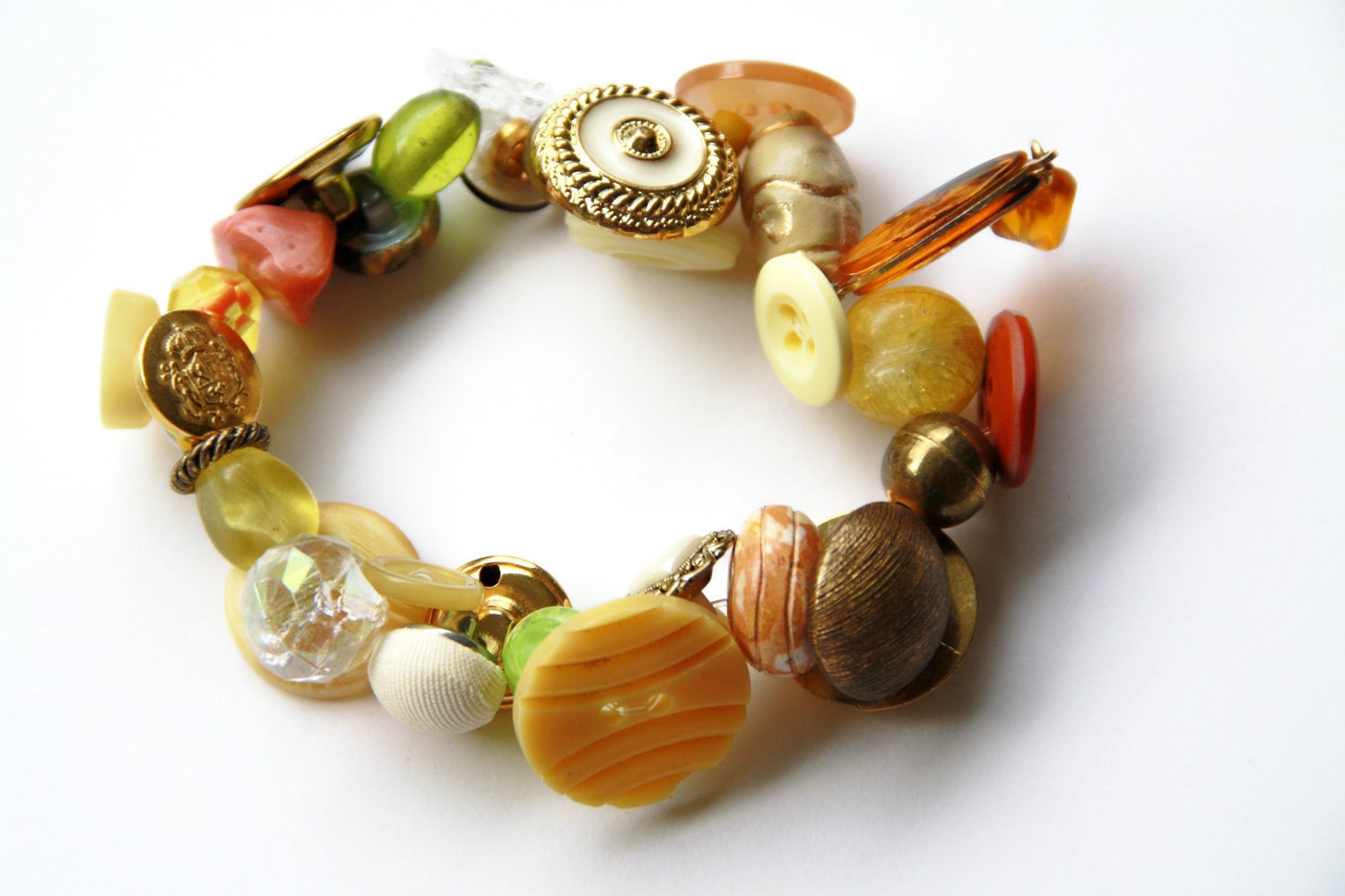 Brass button bracelet, green, yellow, wooden, amber