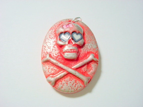 Skull and Crossbones Pendant-Red Skull with Black Heart Eyes and  Pink Bow