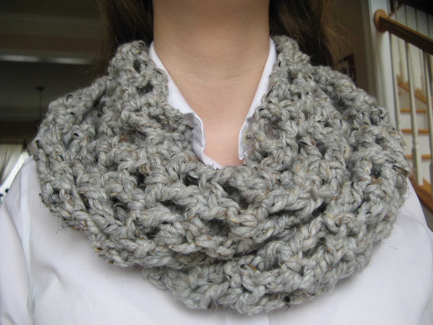 Cowl Gray Unisex Scarf Crochet Infinity Neck Warmer