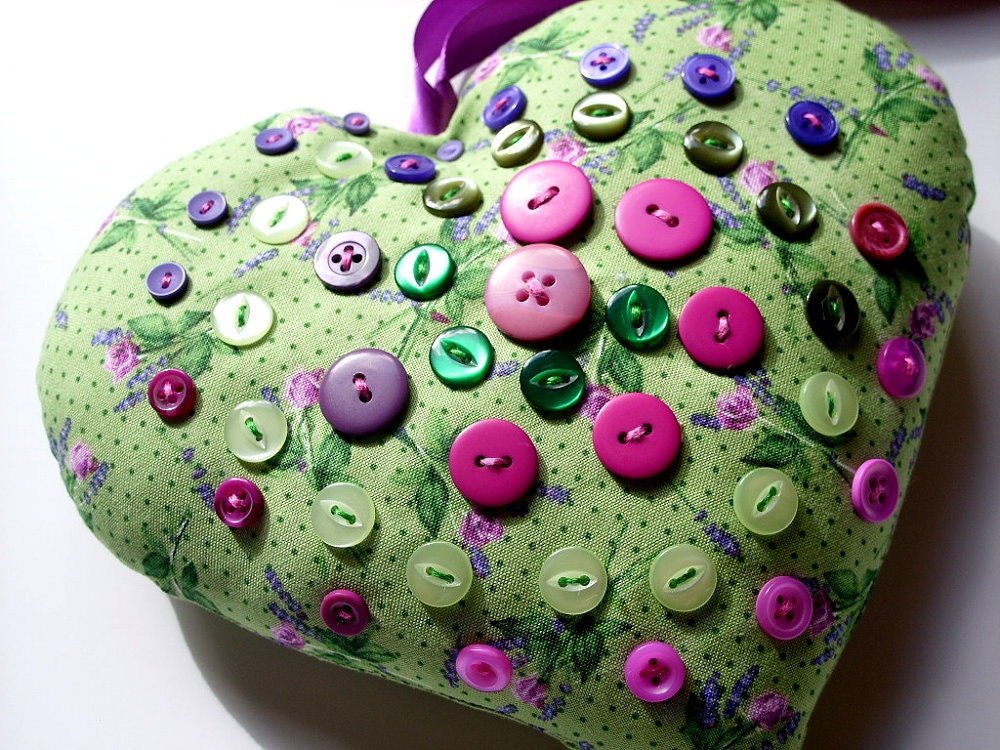 Heart Hanging Ornament. Large Heart With Button Detail. Green and Purple. Home Decor Ornament.