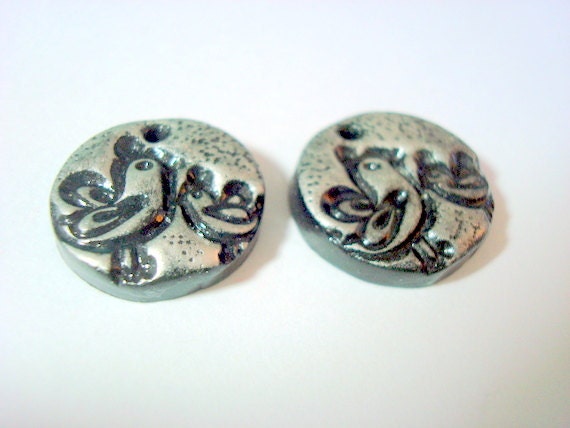 Mama and Baby Bird - Handmade Black and Silver Polymer Clay Focal Beads - Free Combined Shipping