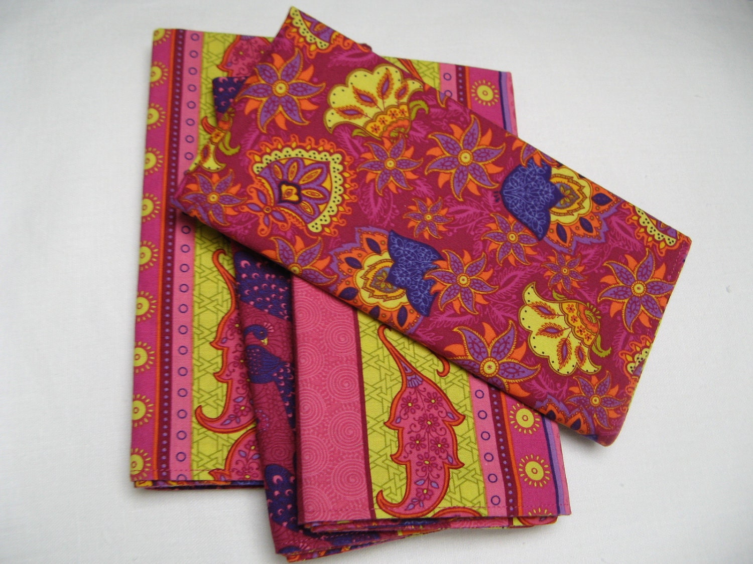 Cloth Napkins Reversible Peacocks Flowers Orange Cranberry Set of Four