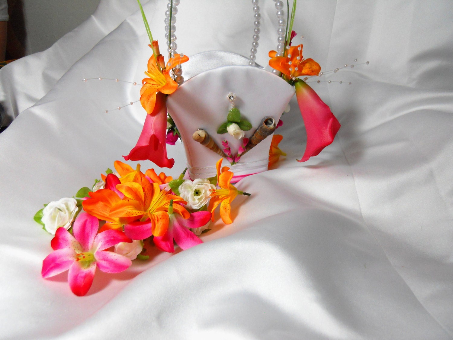 Tropical Flower Girl Basket Headband And Bracelet With Pink And Orange Lillies For Your Wedding Day