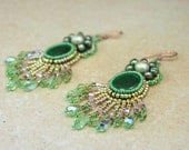 Earrings, Beaded, Halo Angel, Jade and Pearls, Chandelier, Green, Gold, and Pink