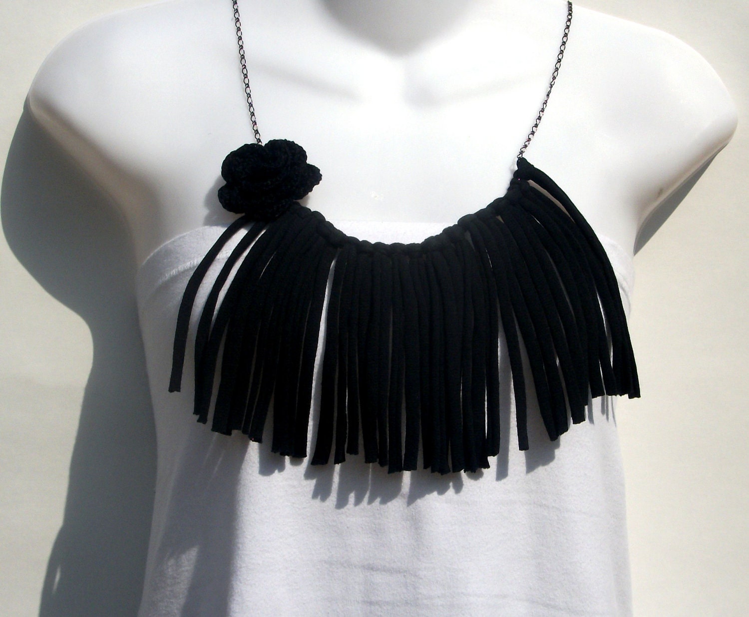 Black Rose Fringe Necklace Cotton Jersey TShirt Yarn Textile Jewelry