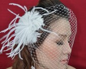 800 VEIL SET w/ Feather Fascinator Hair Clip & Ivory or White Birdcage Blusher Veil for bridal wedding