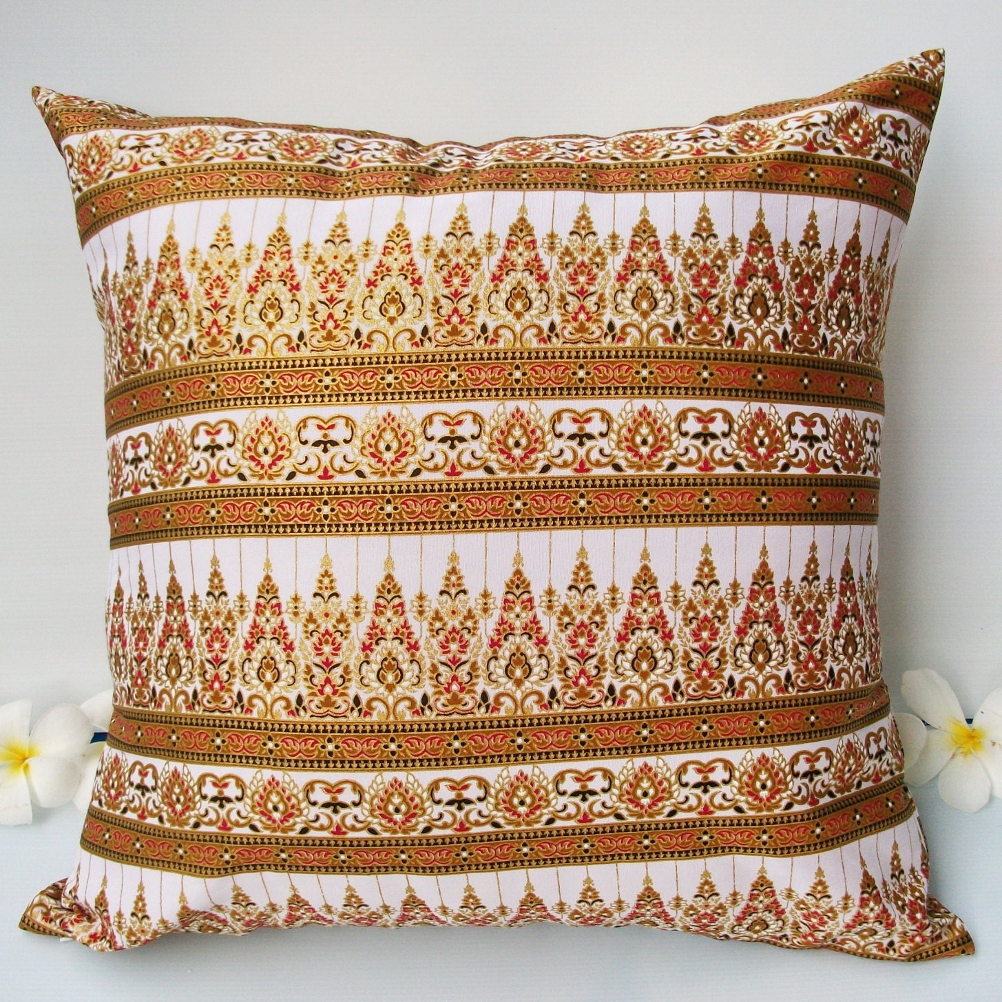 2 Pillow Covers White and Gold  Thai Painting sofa Throw decorative pillow cushion covers 18 inches
