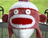 Sock Monkey Hat    Red and White Crochet  HOOSIER