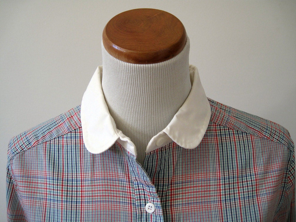 Colorful vintage woven plaid womens shirt with contrasting collar and cuffs