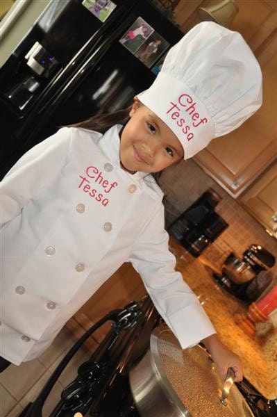 Child's Personalized Chef Coat and Matching Hat Set Embroidered Monogrammed LONG SLEEVE WHITE