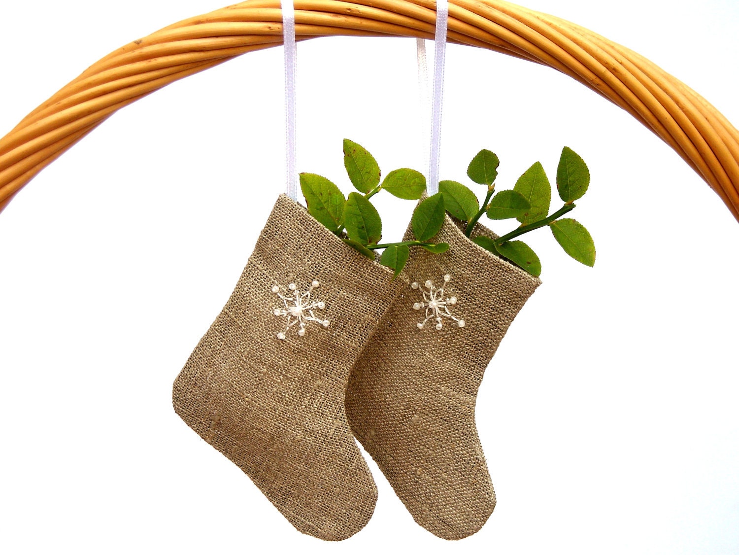 Christmas ornament - Mini burlap stockings - set of 3.