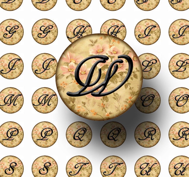 BuY OnE GeT OnE FREE -Vintage Rose Alphabet Letters Initials One Inch Circles for Pendants Crafts Printable Collage Sheet JPG Digital File