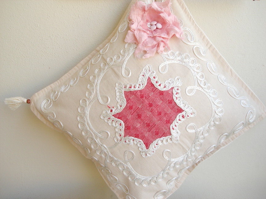 Pillow Cover With Handmade frayed shabby chic flower appliqued