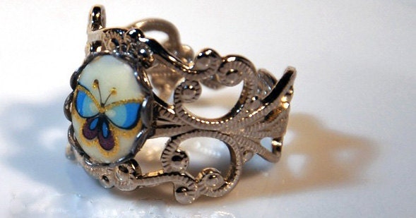 Vintage Porcelain Butterfly Antique Silver Adjustable Ring Free Gift Wrapping