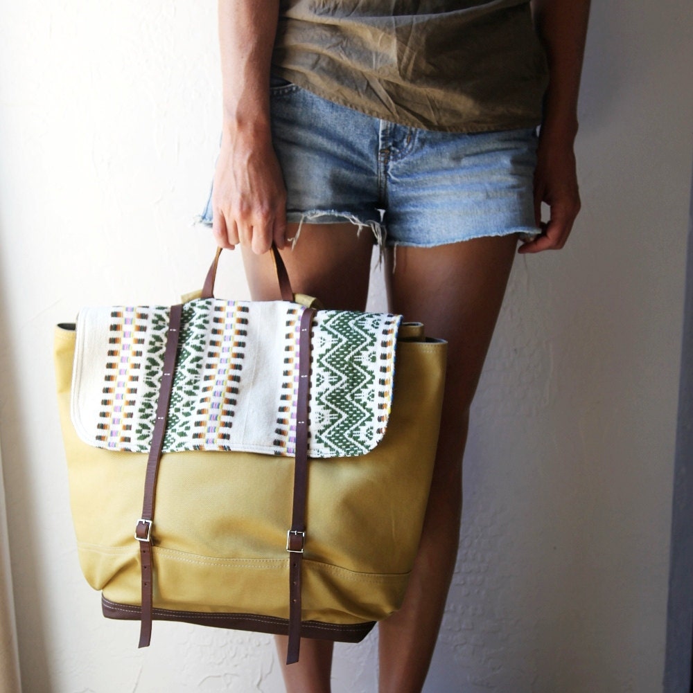 The Rucksack in Organic Honey Mustard Yellow Canvas, Mexican Woven Wool and Leather