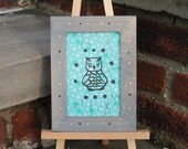 Linocut Print of an Owl on Turquoise Patterned Origami Paper with Handpainted Frame