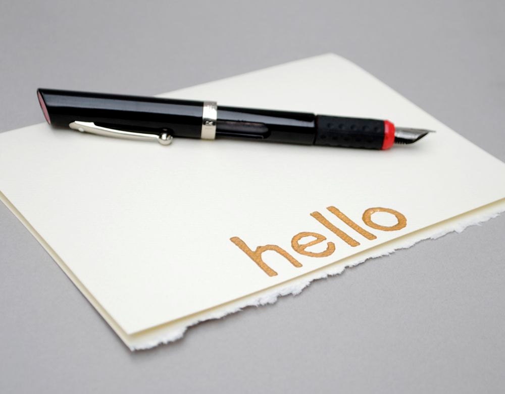Hello Blank Notecard - Copper Ink Helvetica Print Linocut Card