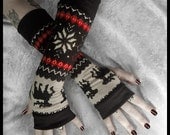 Mountain Lodge Arm Warmers - Fair Isle Red Black Cream Sweater Knit - Nordic Snow Flakes & Moose - Bohemian Cycling Gothic Goth Ski