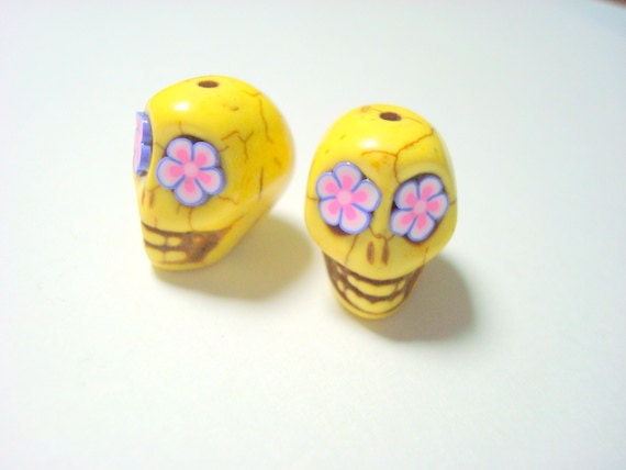Pink and Purple Flower Eyes in Yellow Howlite Skull Beads