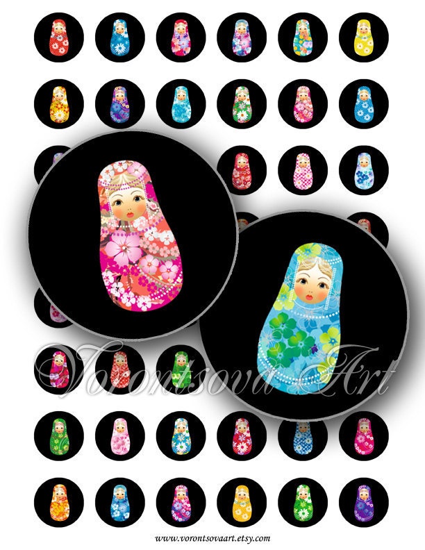 Matryoshka doll black 1 inch Circle image Matrioshka Babushka Russian Dolls Digital Collage Sheet Printable download Bottle Cap Magnets 8204