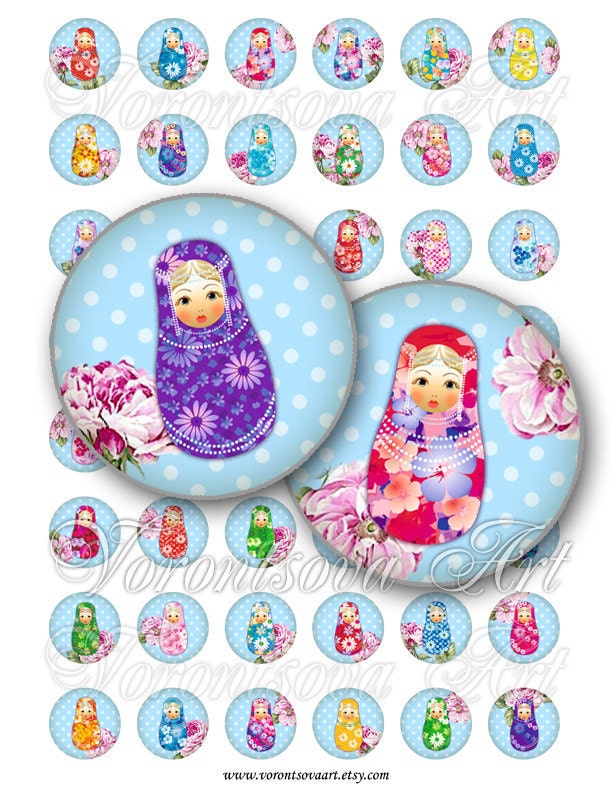 Matryoshka polka dot blue 1 inch Circle image Matrioshka Babushka Russian Dolls Digital Collage Sheet Printable download BottleCap 8241