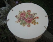 Shabby Chic Floral Accented Woven Sewing Basket Wooden Lid and Bottom