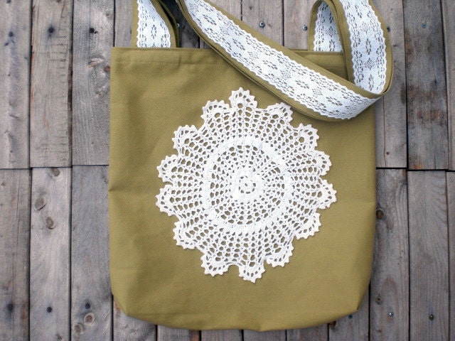 Canvas tote. Country rustic chic. Khaki green cotton duck cloth. Vintage lace decoration.