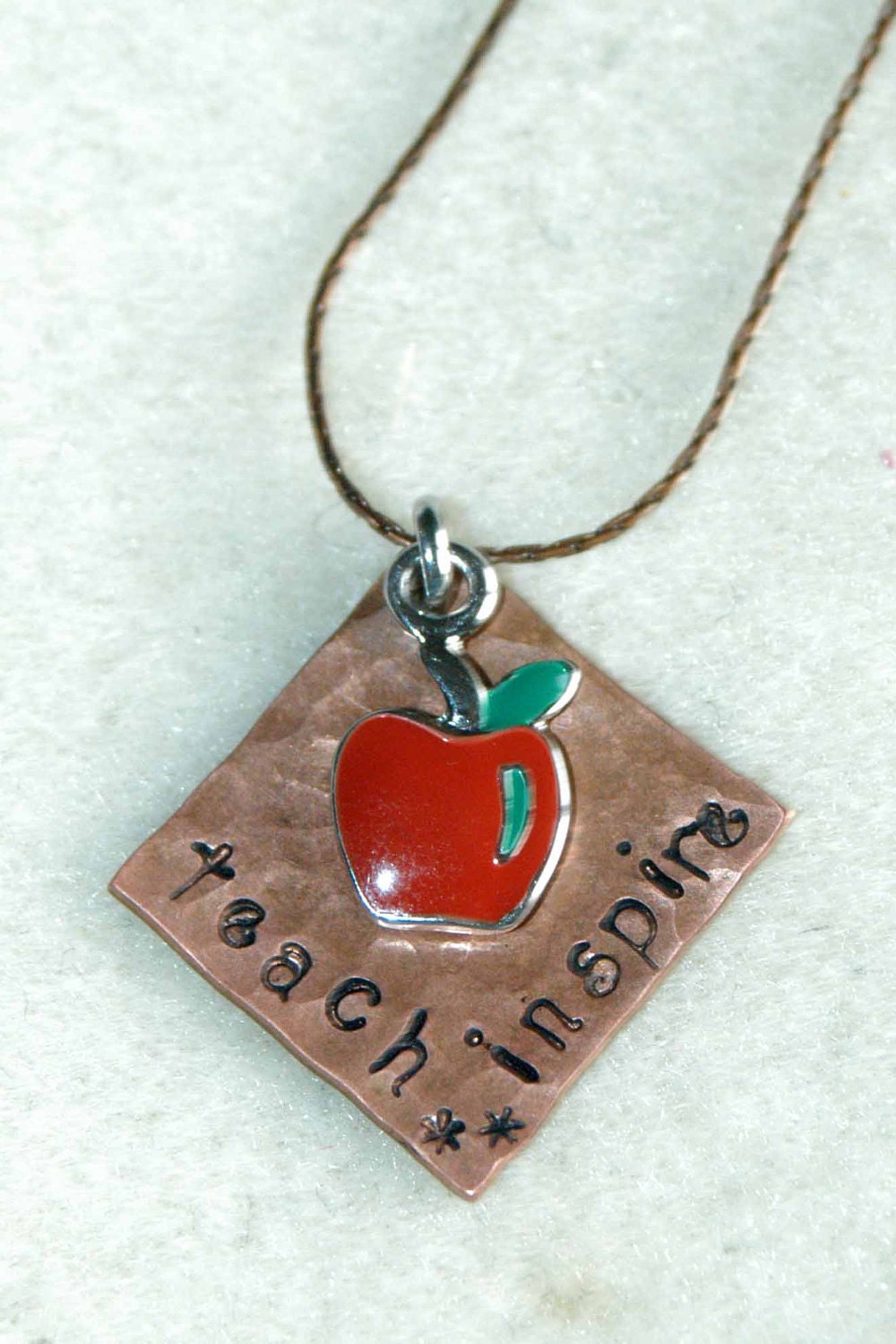 Hand Stamped Copper Necklace With Red Apple Charm - Teach, Inspire By Inspired Jewelry Designs
