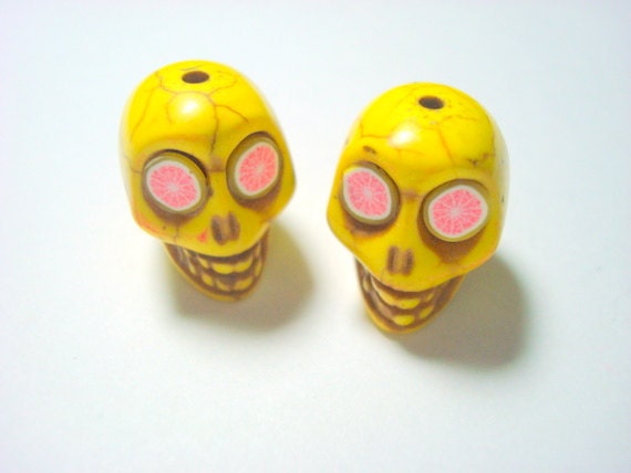 Bright Pink Grapefruit Eyes in Yellow Howlite Skull Beads