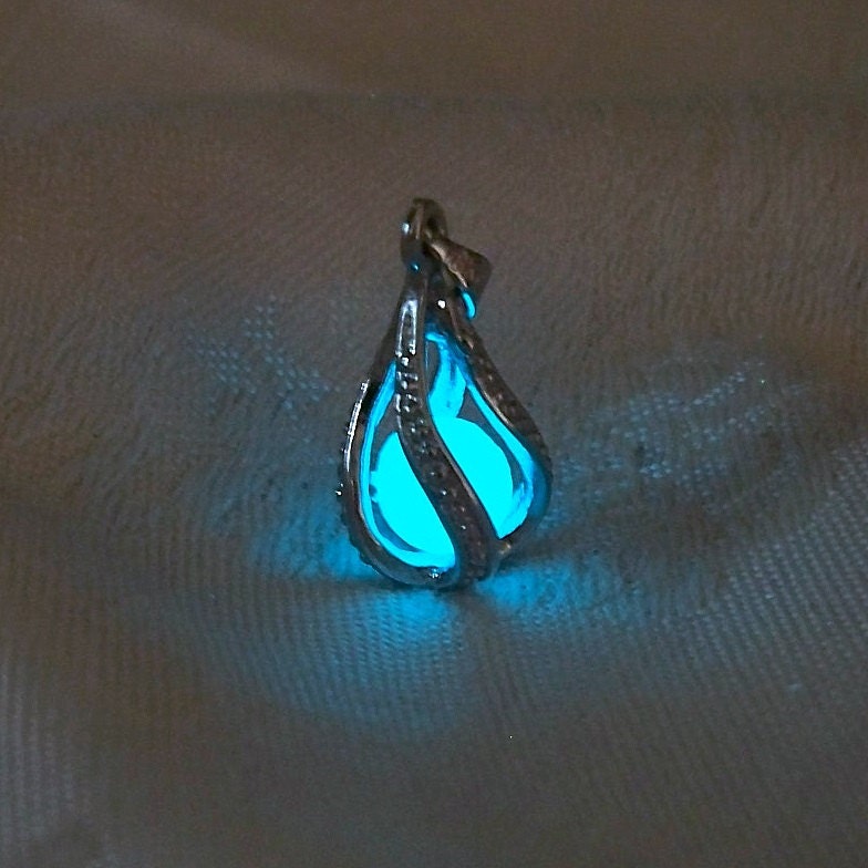 Mermaid's Magic "White Gold" - Ultra Ocean Blue Glow in the Dark Pendant with Glowing Essence of the Sea - White Gold Plated